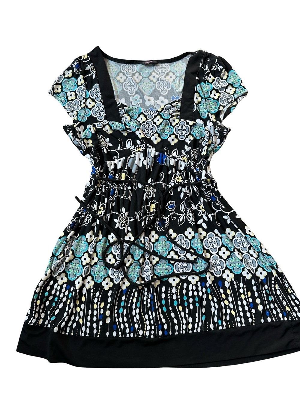Y2K Anxiety Womens Floral Empire Waist Tunic Top Black Teal Blue Square Neck